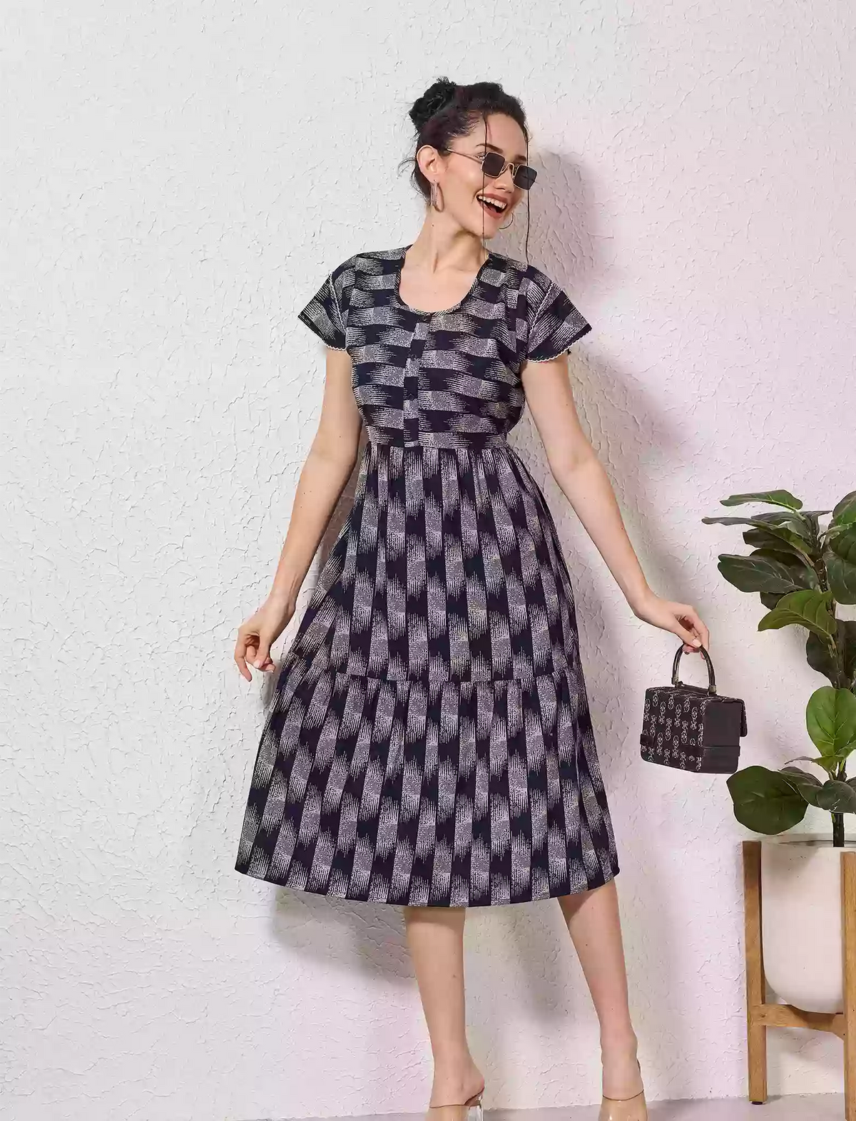 Alpine Petal Sleeve Floral Print Maxi Dress Fit With Side Pocket - Mangai Nighties