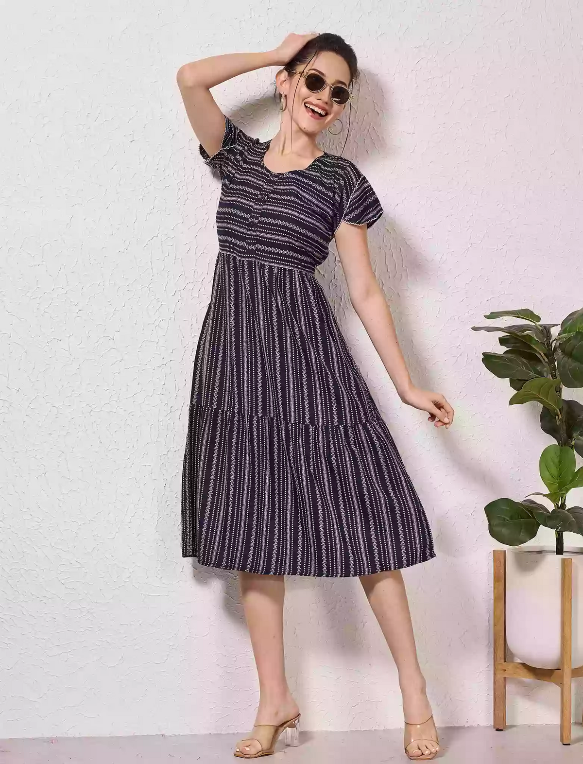 Alpine Petal Sleeve Floral Print Maxi Dress Fit - Mangai Nighties