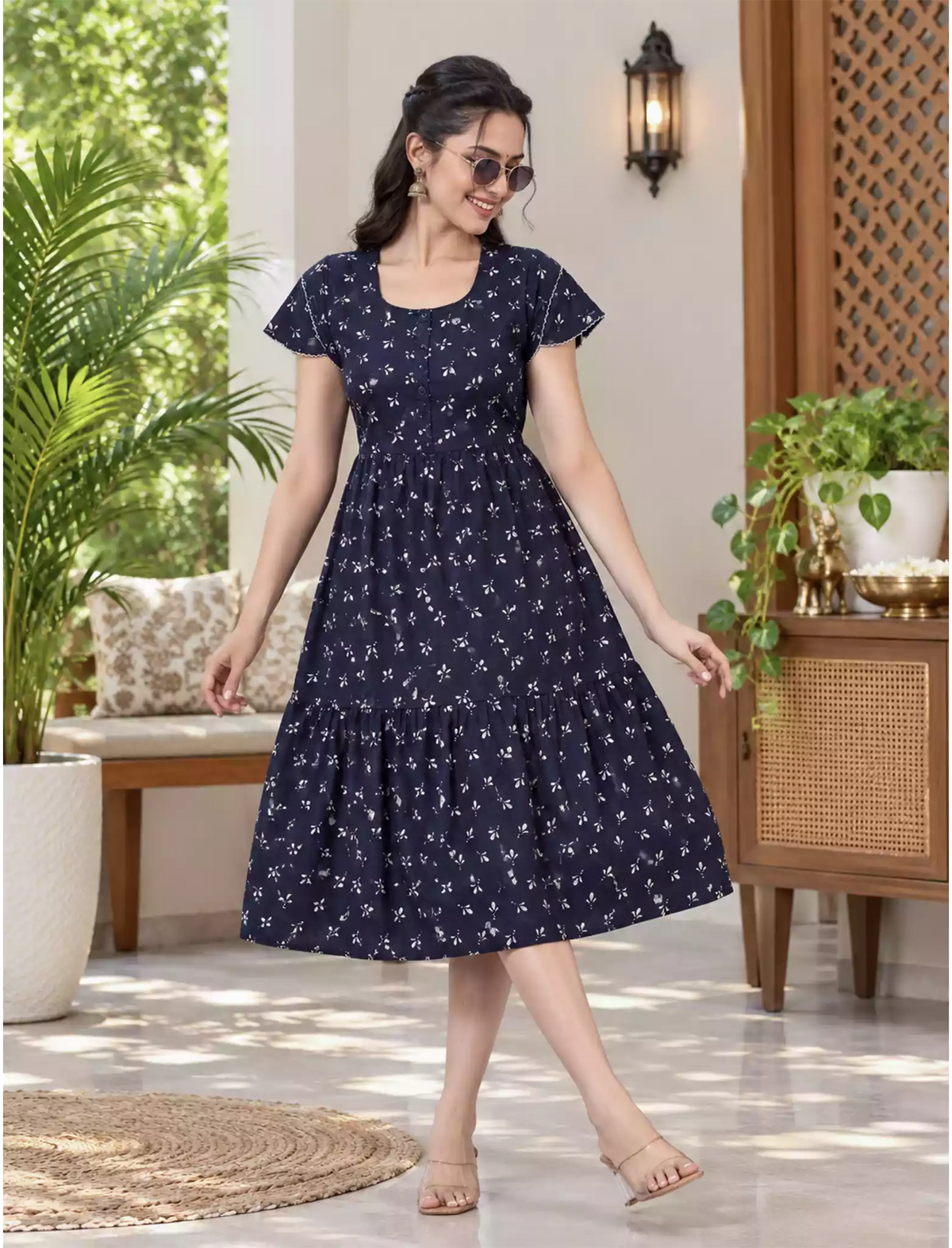 Alpine Petal Sleeve Floral Print Maxi Dress Fit with Back Tie - Mangai Nighties