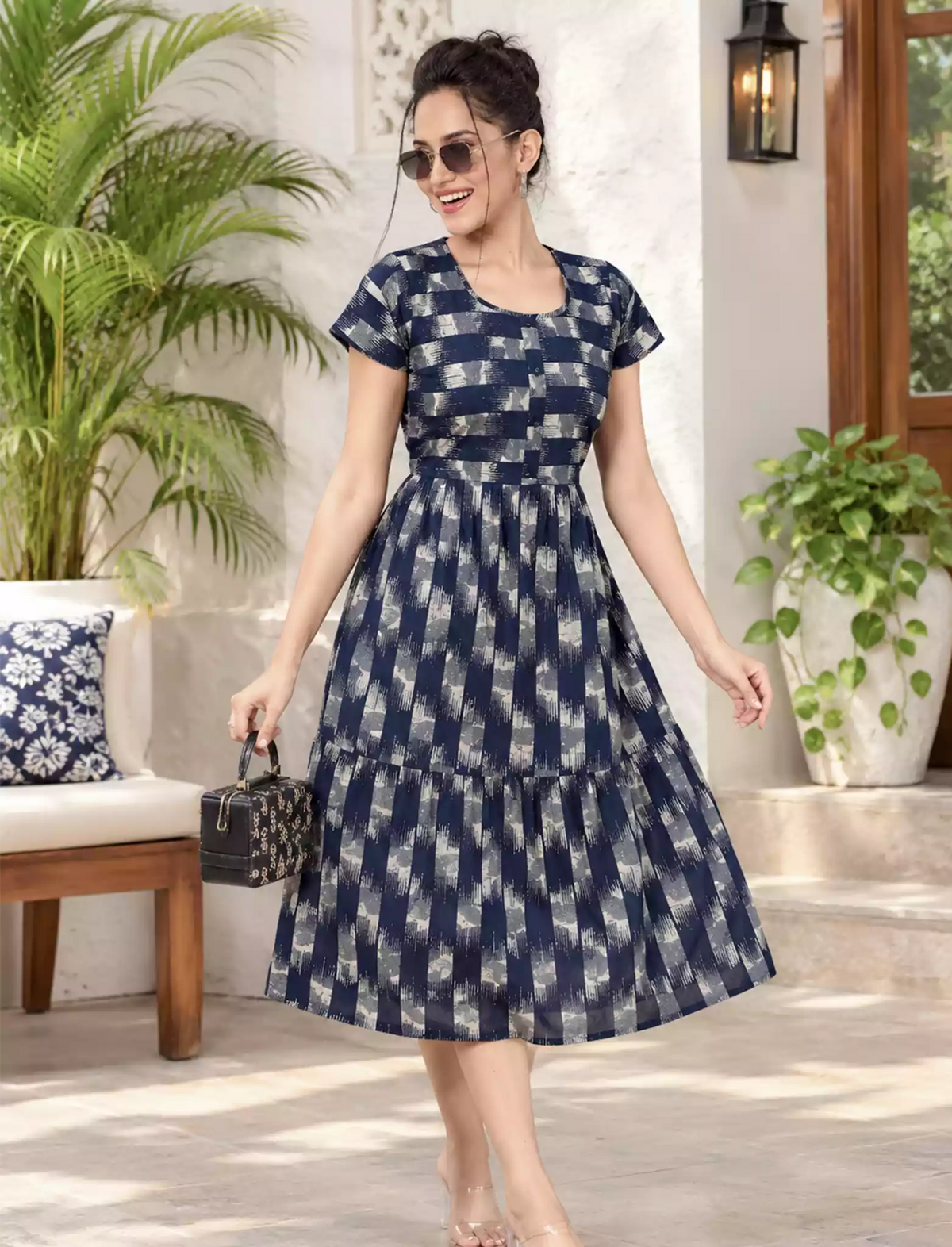 Alpine Petal Sleeve Floral Print Maxi Dress Fit With Side Pocket - Mangai Nighties