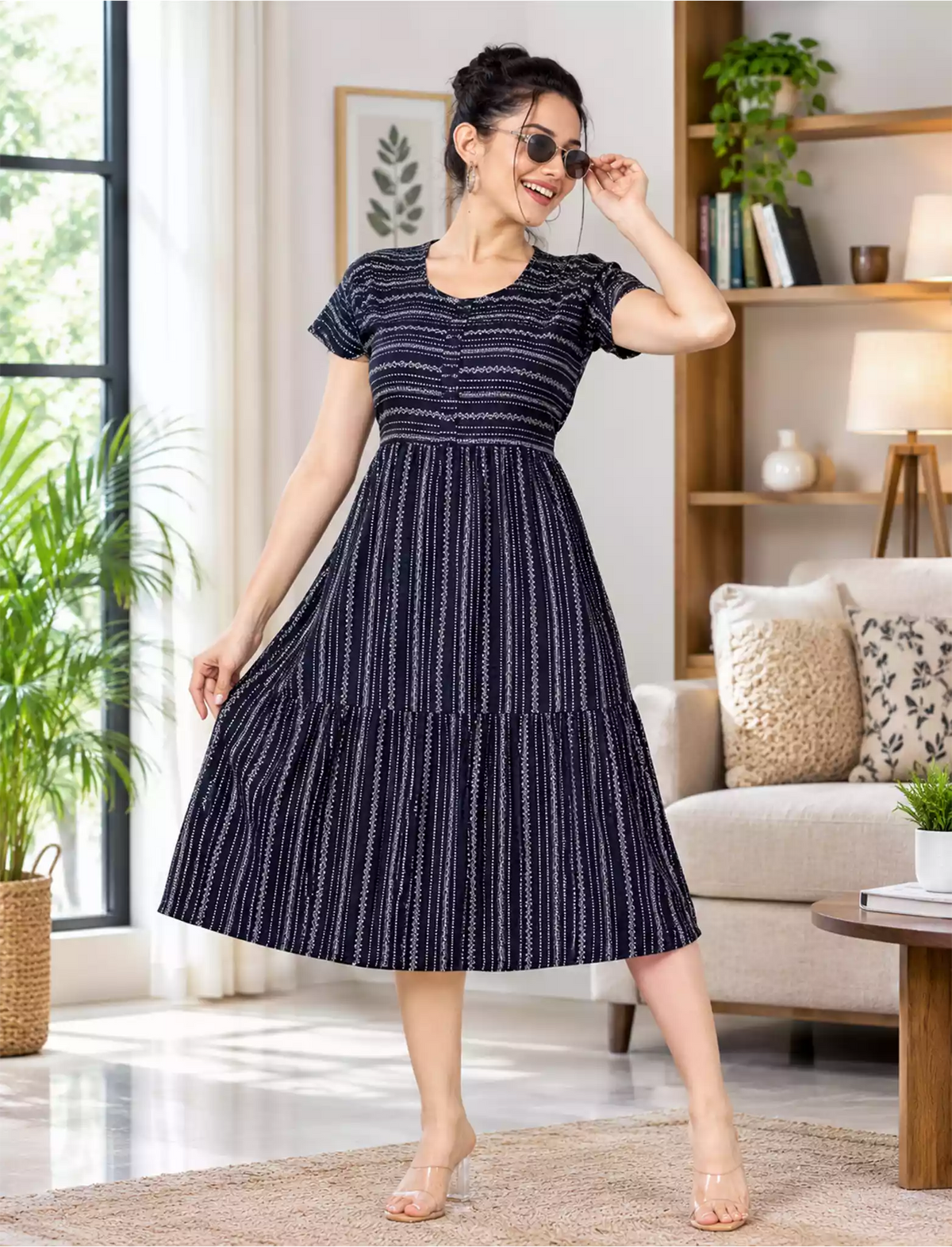 Alpine Petal Sleeve Floral Print Maxi Dress Fit - Mangai Nighties