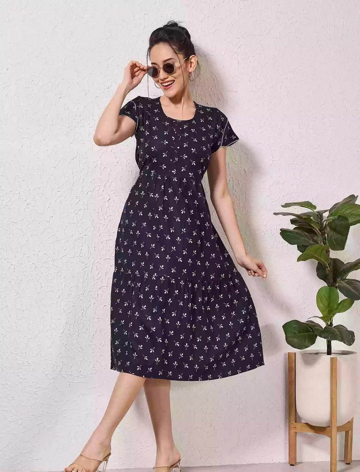 Alpine Petal Sleeve Floral Print Maxi Dress Fit with Back Tie - Mangai Nighties