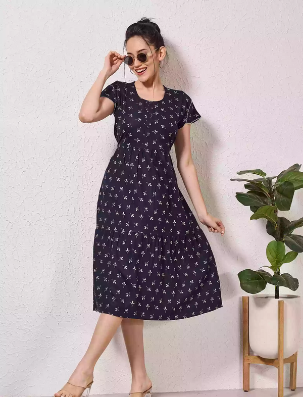Alpine Petal Sleeve Floral Print Maxi Dress Fit with Back Tie - Mangai Nighties