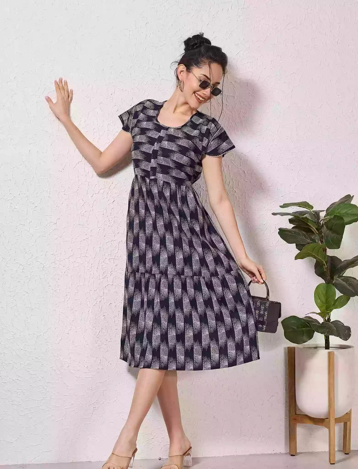 Alpine Petal Sleeve Floral Print Maxi Dress Fit With Side Pocket - Mangai Nighties