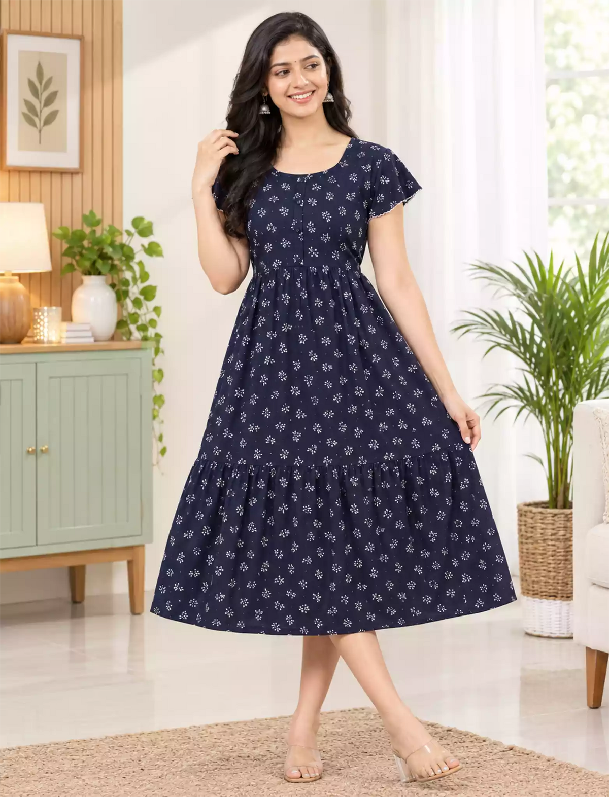 Alpine Petal Sleeve Printed Maxi Dress Elegance - Mangai Nighties