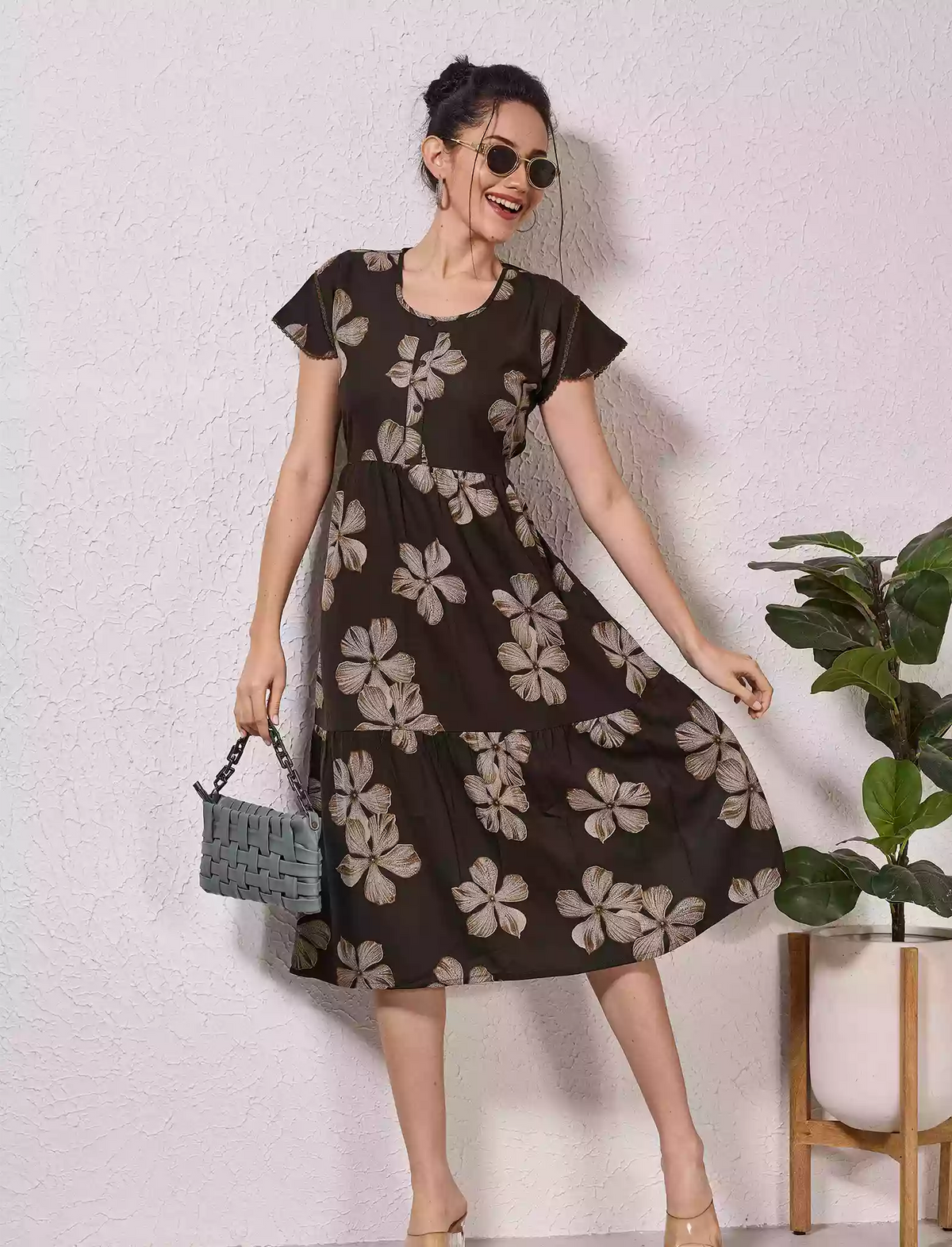 Alpine Petal Sleeve Printed Maxi Dress Elegance! - Mangai Nighties