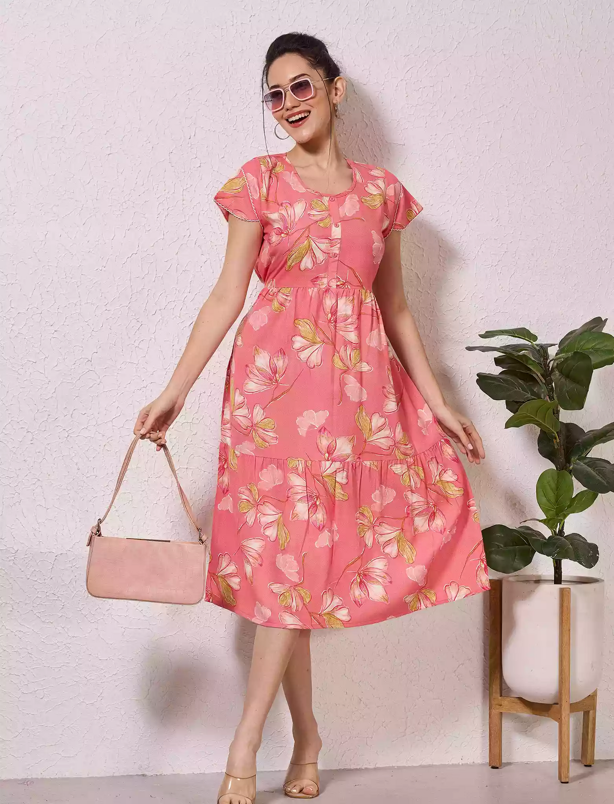 Alpine Petal Sleeve Floral Printed Maxi Dress Side Pocket - Mangai Nighties