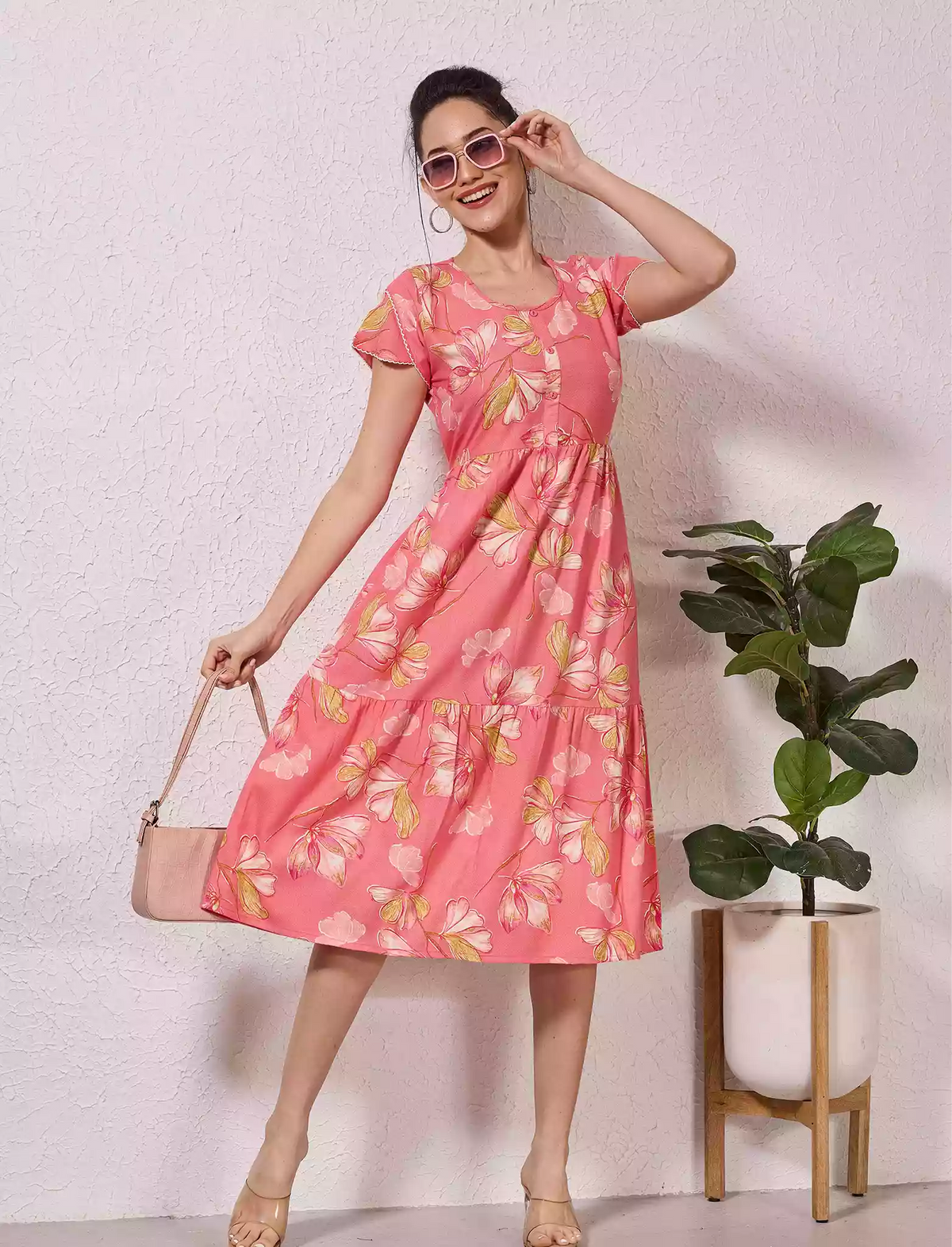 Alpine Petal Sleeve Floral Printed Maxi Dress Side Pocket - Mangai Nighties