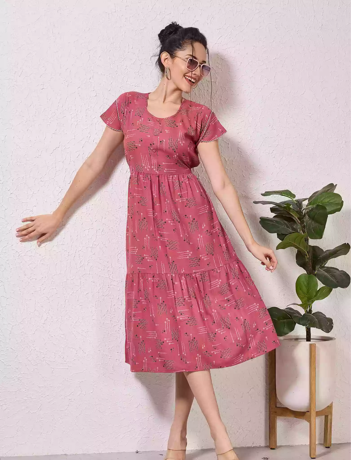 Alpine Geometric Print Maxi Dress Petal Sleeve for Mangai Nighties