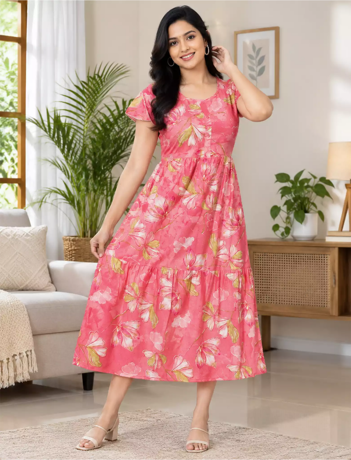 Alpine Petal Sleeve Floral Printed Maxi Dress Side Pocket - Mangai Nighties
