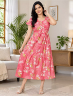 Alpine Petal Sleeve Floral Printed Maxi Dress Side Pocket - Mangai Nighties