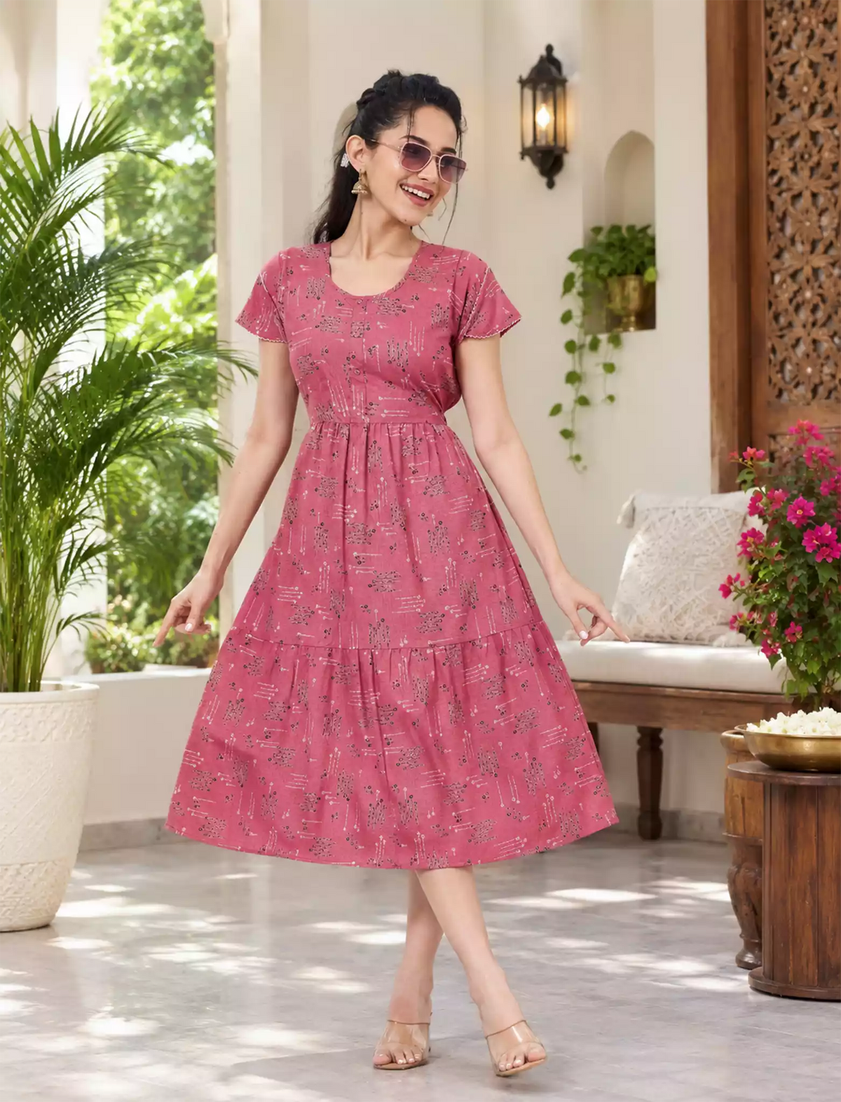 Alpine Geometric Print Maxi Dress Petal Sleeve for Mangai Nighties
