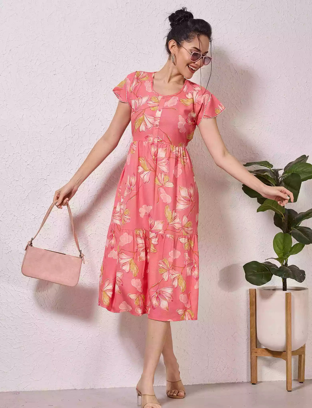 Alpine Petal Sleeve Floral Printed Maxi Dress Side Pocket - Mangai Nighties