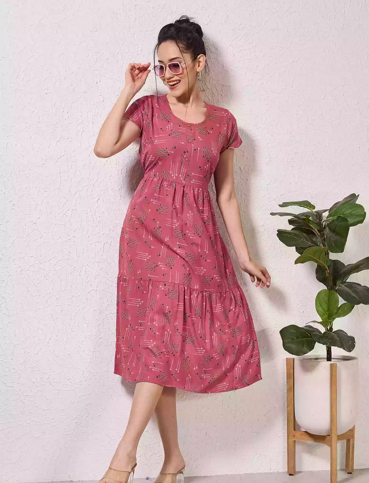 Alpine Geometric Print Maxi Dress Petal Sleeve for Mangai Nighties
