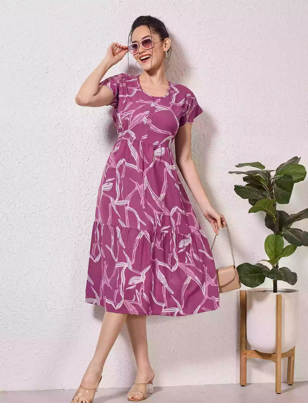 Alpine Petal Sleeve Floral Print Maxi Dress Fit - Mangai Nighties