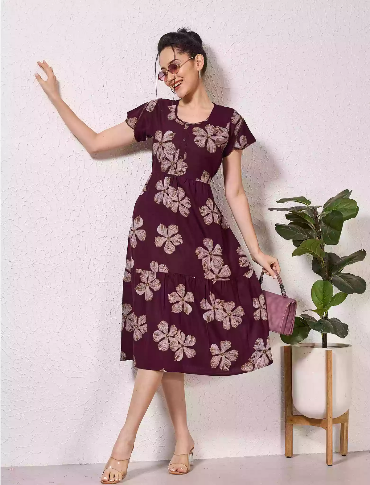Alpine Petal Sleeve Printed Maxi Dress Elegance! - Mangai Nighties