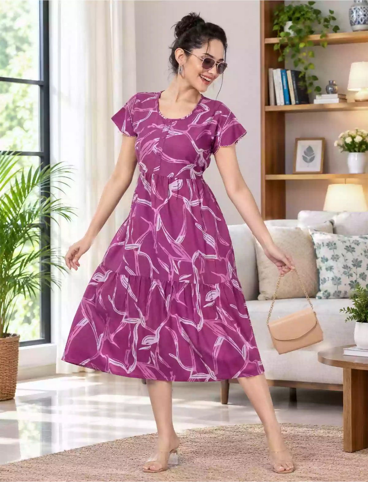 Alpine Petal Sleeve Floral Print Maxi Dress Fit - Mangai Nighties