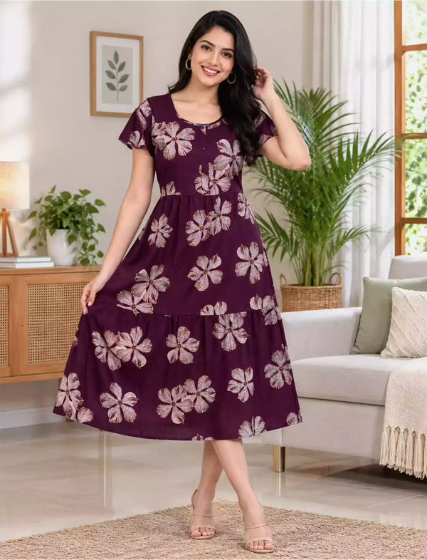 Alpine Petal Sleeve Printed Maxi Dress Elegance! - Mangai Nighties