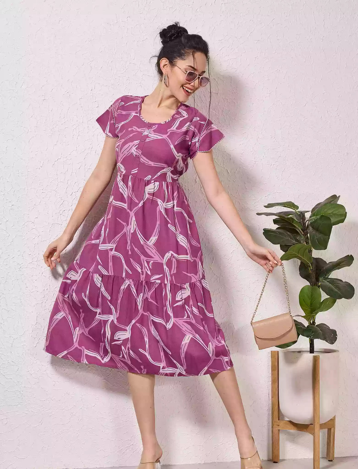 Alpine Petal Sleeve Floral Print Maxi Dress Fit - Mangai Nighties
