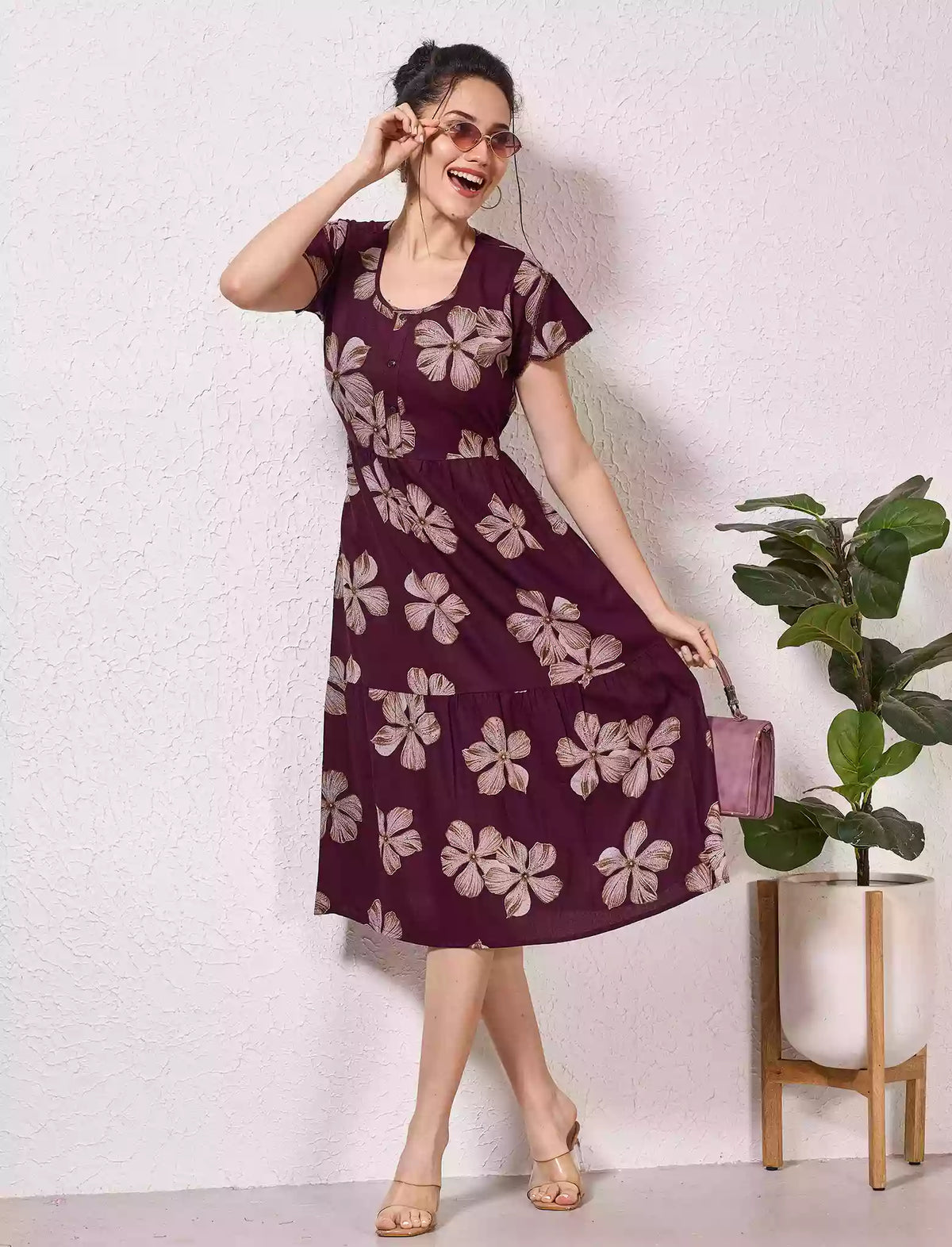 Alpine Petal Sleeve Printed Maxi Dress Elegance! - Mangai Nighties