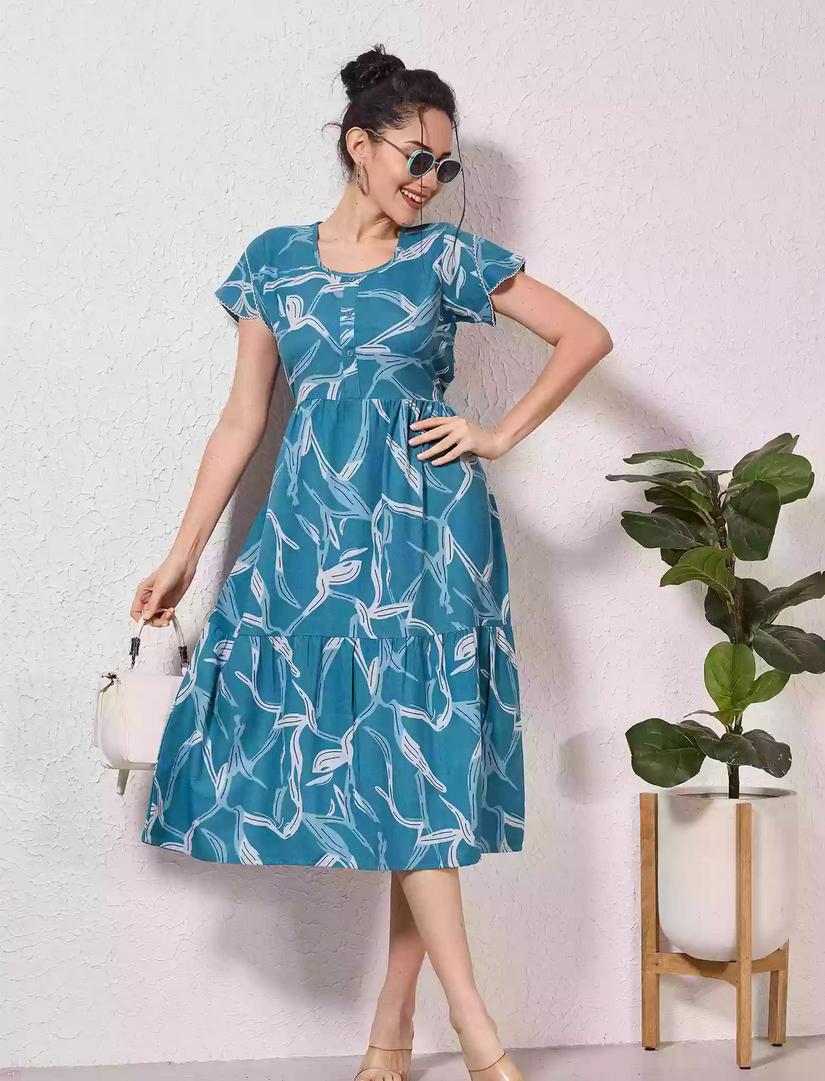 Alpine Petal Sleeve Floral Print Maxi Dress Fit - Mangai Nighties