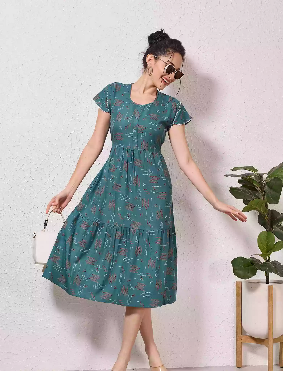 Alpine Geometric Print Maxi Dress Petal Sleeve for Mangai Nighties