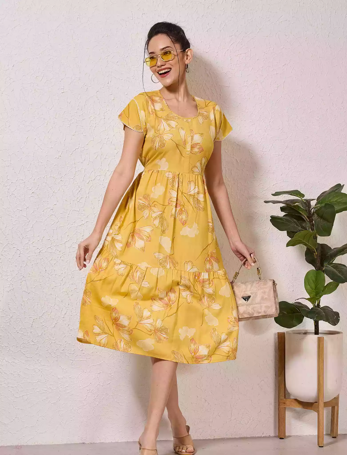 Alpine Petal Sleeve Floral Printed Maxi Dress Side Pocket - Mangai Nighties