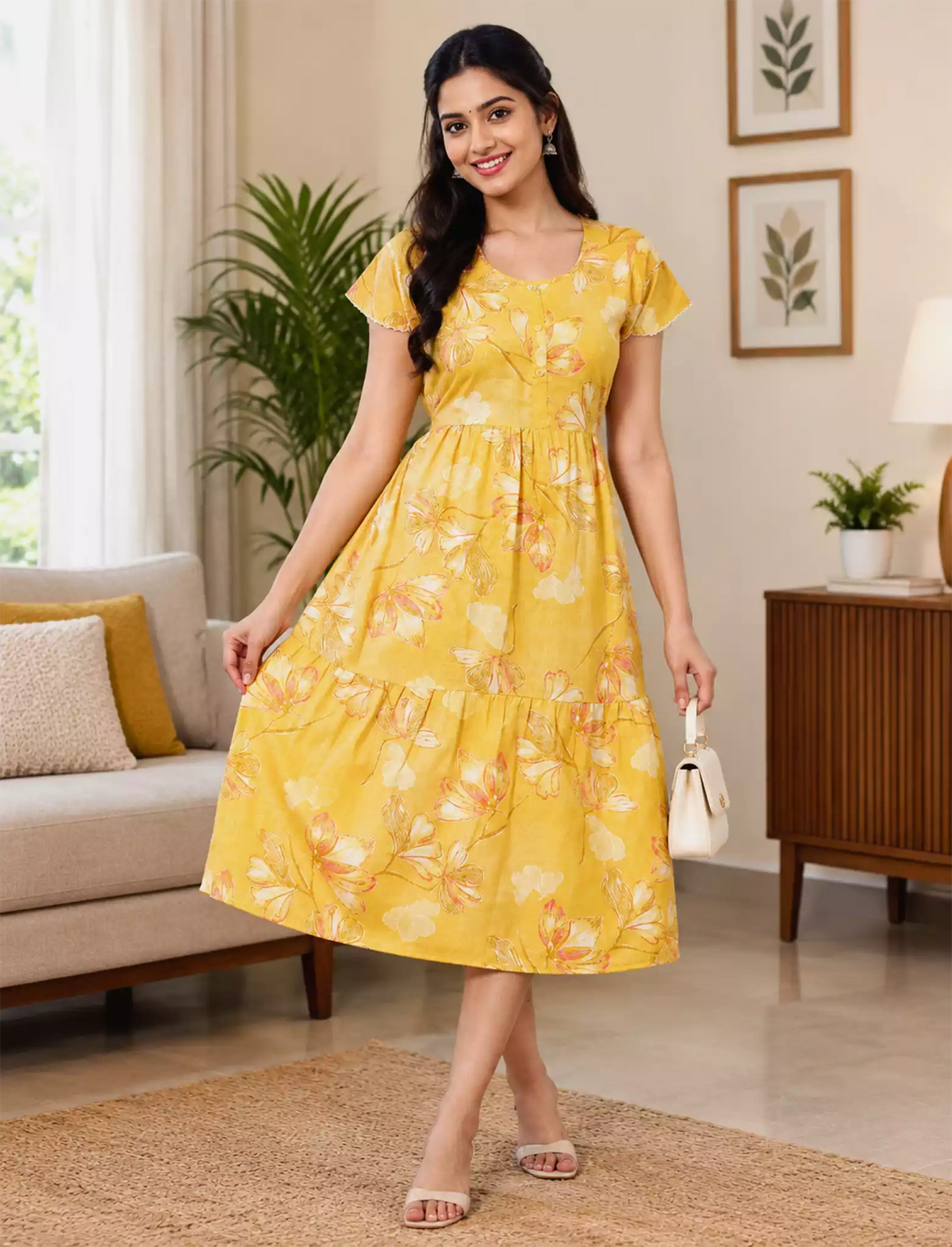 Alpine Petal Sleeve Floral Printed Maxi Dress Side Pocket - Mangai Nighties