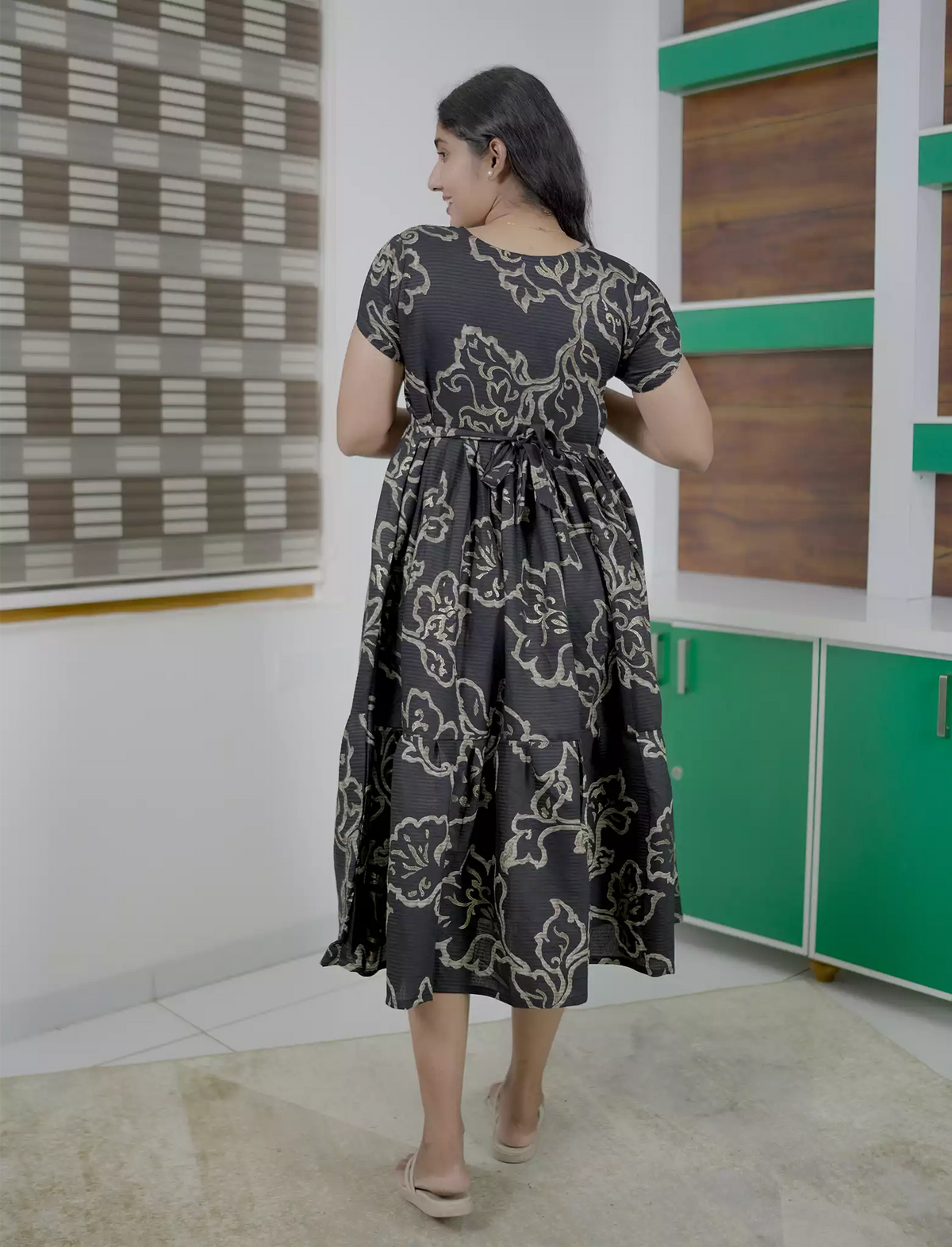 Botanical Printed Black Flared Rayon Maxi Frock with Stylish Sleeve - Mangai Nighties