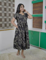 Botanical Printed Black Flared Rayon Maxi Frock with Stylish Sleeve - Mangai Nighties