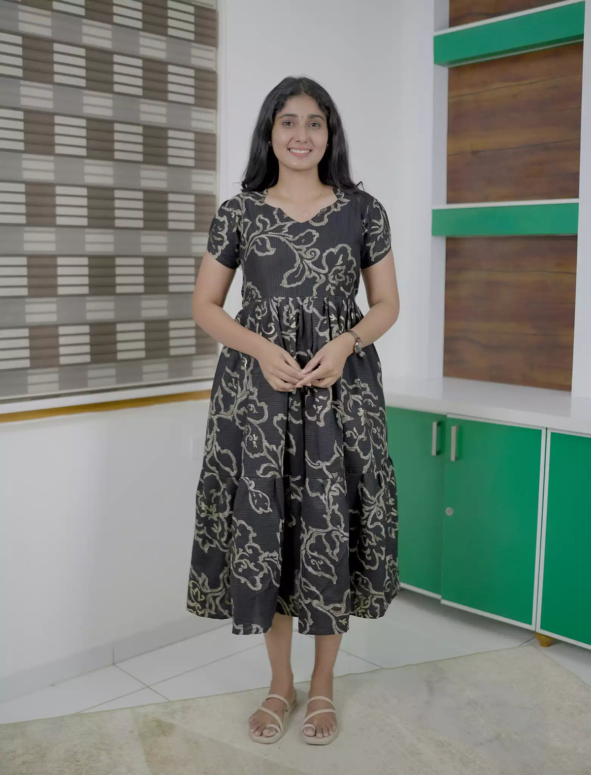 Botanical Printed Black Flared Rayon Maxi Frock with Stylish Sleeve - Mangai Nighties