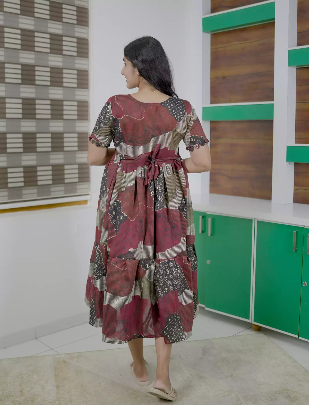 Ethnic Abstract Motif Print Rayon Berlin Maxi Frock with Scallop Sleeves Mangai Nighties