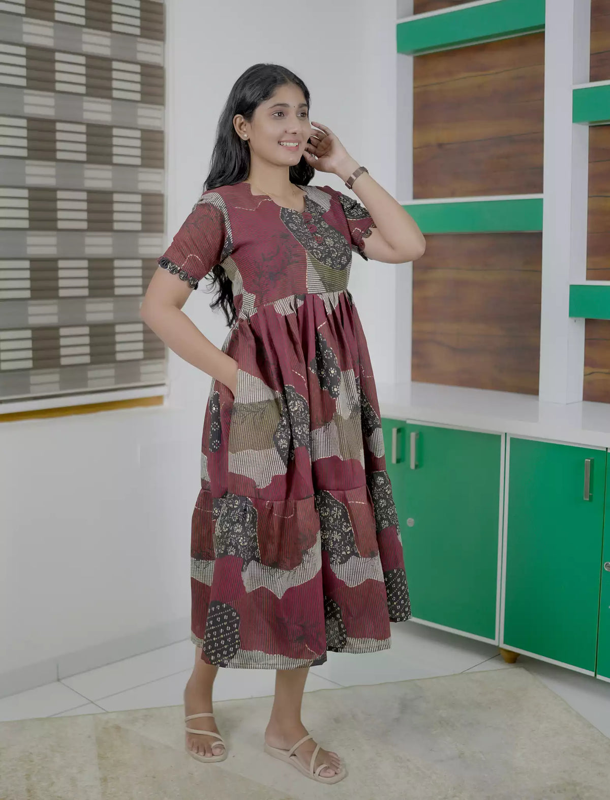 Ethnic Abstract Motif Print Rayon Berlin Maxi Frock with Scallop Sleeves Mangai Nighties