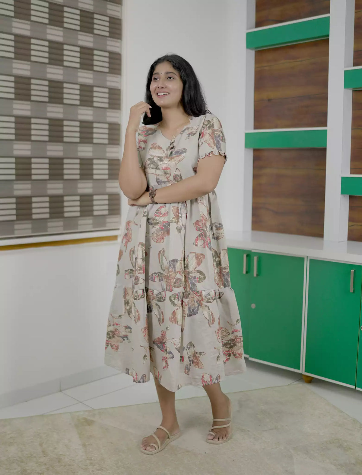 Abstract Floral Printed Berlin Maxi Frock with Back Tie Rope - Mangai Nighties