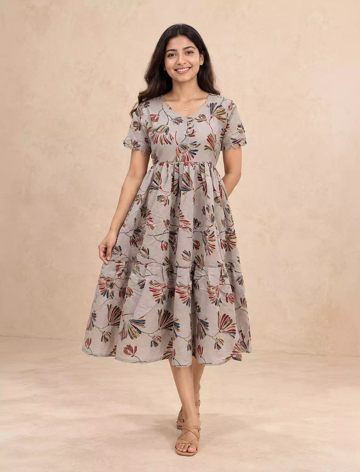Botanical Print Rayon Berlin Maxi Frock with Scallop Sleeves Mangai Nighties
