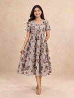 Botanical Print Rayon Berlin Maxi Frock with Scallop Sleeves Mangai Nighties