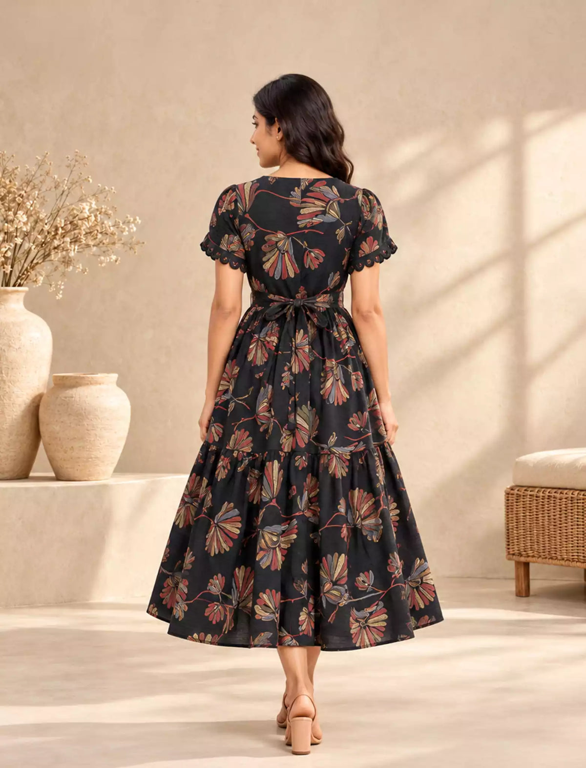Botanical Print Rayon Berlin Maxi Frock with Scallop Sleeves Mangai Nighties