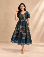 Ethnic Abstract Motif Print Rayon Berlin Maxi Frock with Scallop Sleeves Mangai Nighties