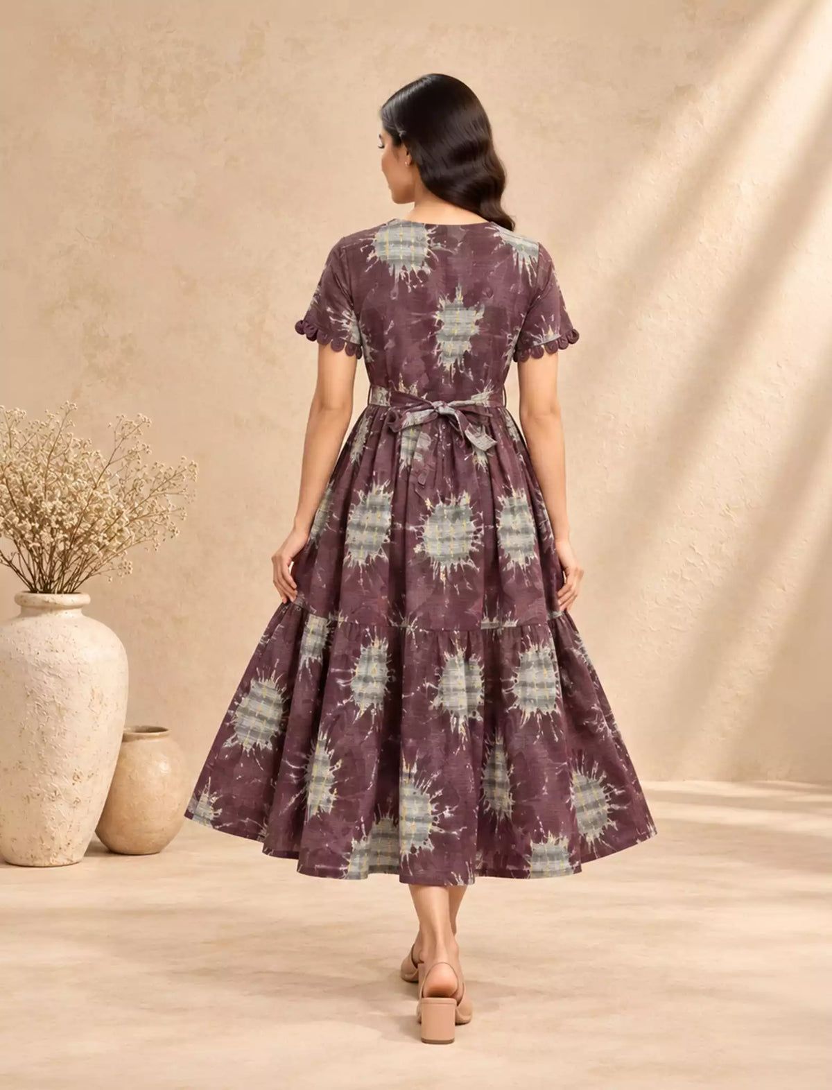 Abstract Print Festive Wear Rayon Berlin Maxi Frock with Scallop Sleeve Mangai Nighties