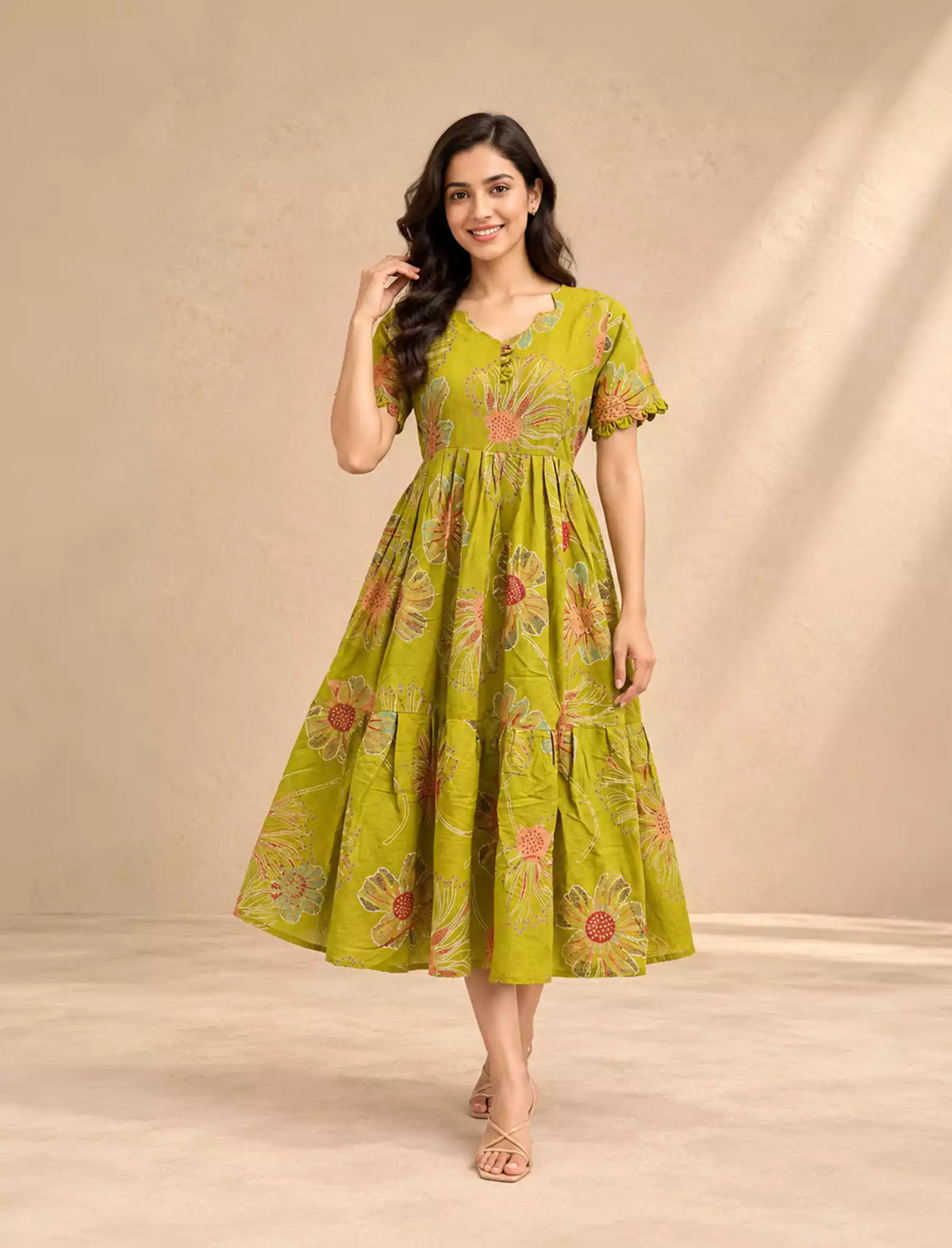 Bold Line-Art Floral Print Rayon Berlin Maxi Frock with Back Tie Rope Mangai Nighties
