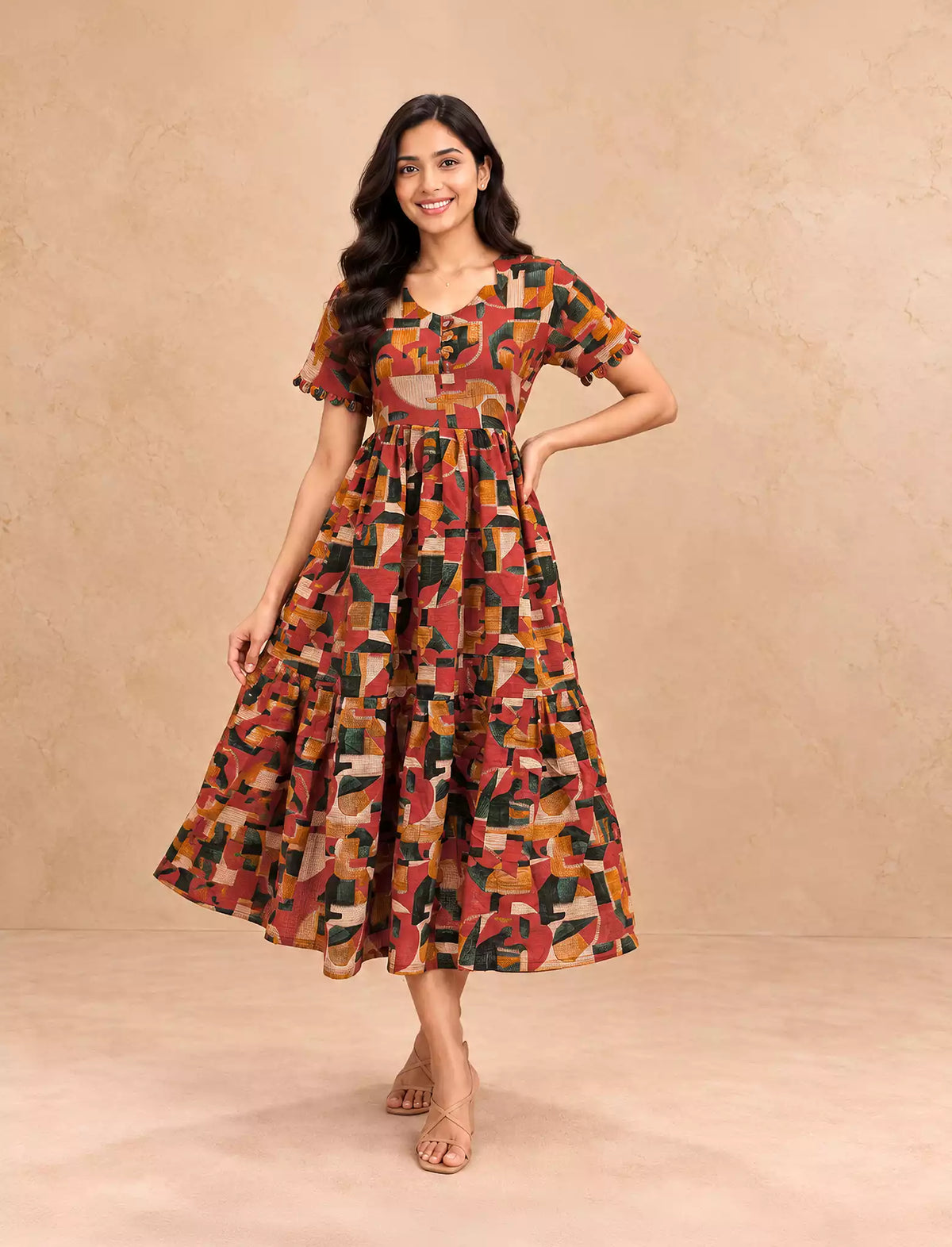 Geometric Abstract Mosaic Print Rayon Berlin Maxi Frock with Back Tie Rope Mangai Nighties
