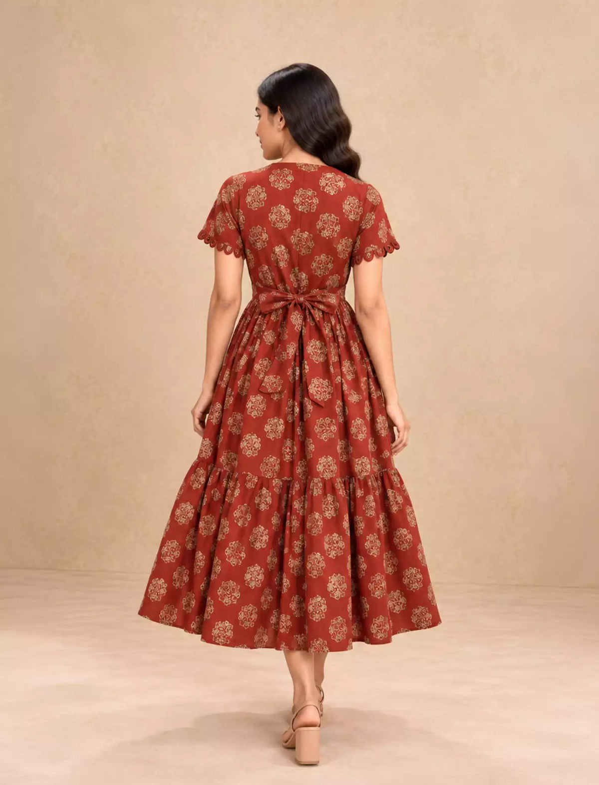 Festive Wear Ethnic PrintRayon Berlin Maxi Frock with Scallop Sleeve- Mangai Nighties