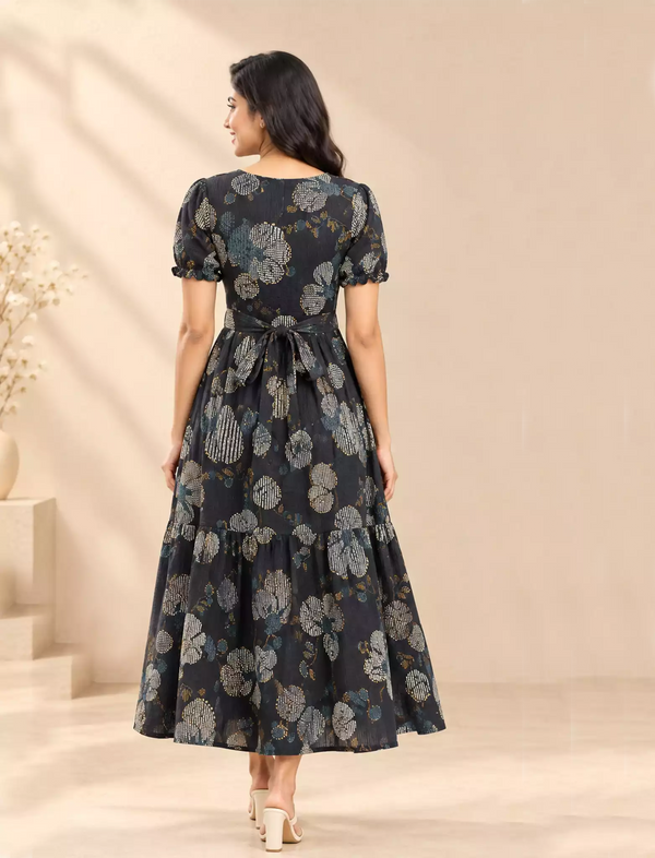 Festive Wear Floral Print Rayon Berlin Maxi Frock with Scallop Sleeve - Mangai Nighties
