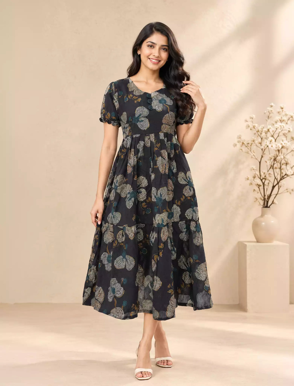 Festive Wear Floral Print Rayon Berlin Maxi Frock with Scallop Sleeve - Mangai Nighties