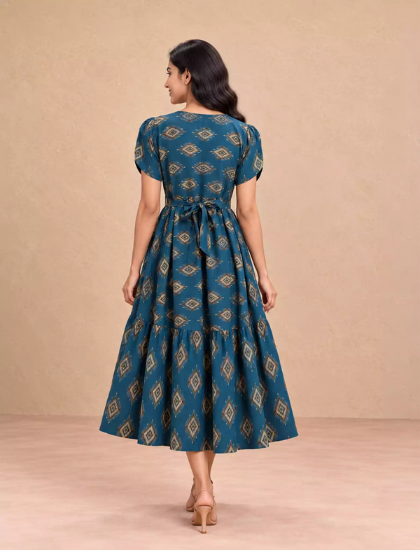 Ethnic Print Flared Rayon Berlin Maxi Frock with Puff Sleeve - Mangai Nighties