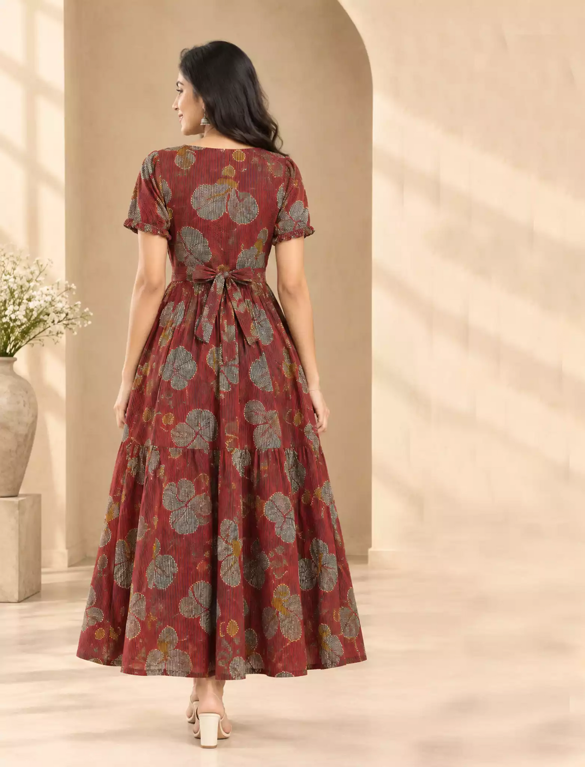 Festive Wear Floral Print Rayon Berlin Maxi Frock with Scallop Sleeve - Mangai Nighties