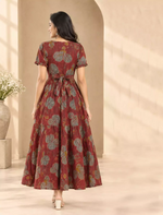 Festive Wear Floral Print Rayon Berlin Maxi Frock with Scallop Sleeve - Mangai Nighties