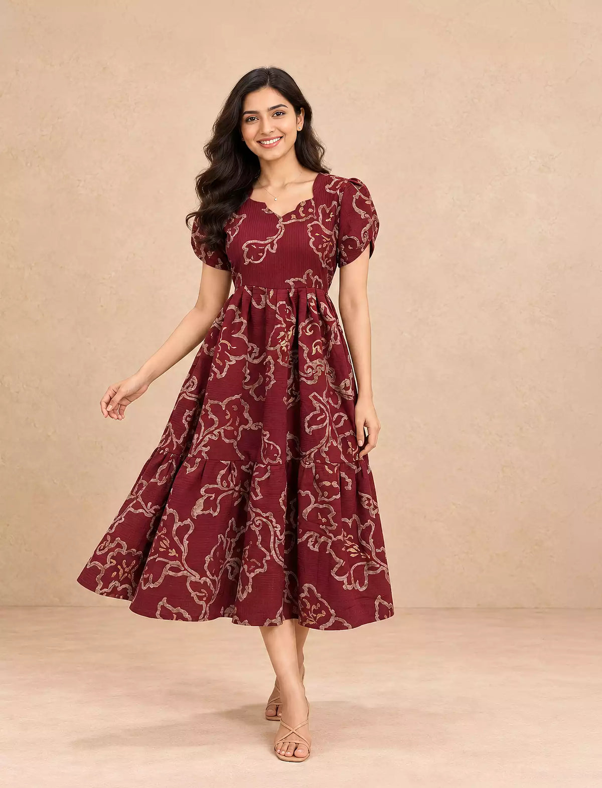 Botanical Printed Black Flared Rayon Maxi Frock with Stylish Sleeve - Mangai Nighties