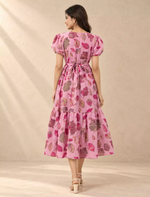 Floral Leaf Printed Pink Flared Rayon Maxi Frock with Puff Sleeve - Mangai Nighties