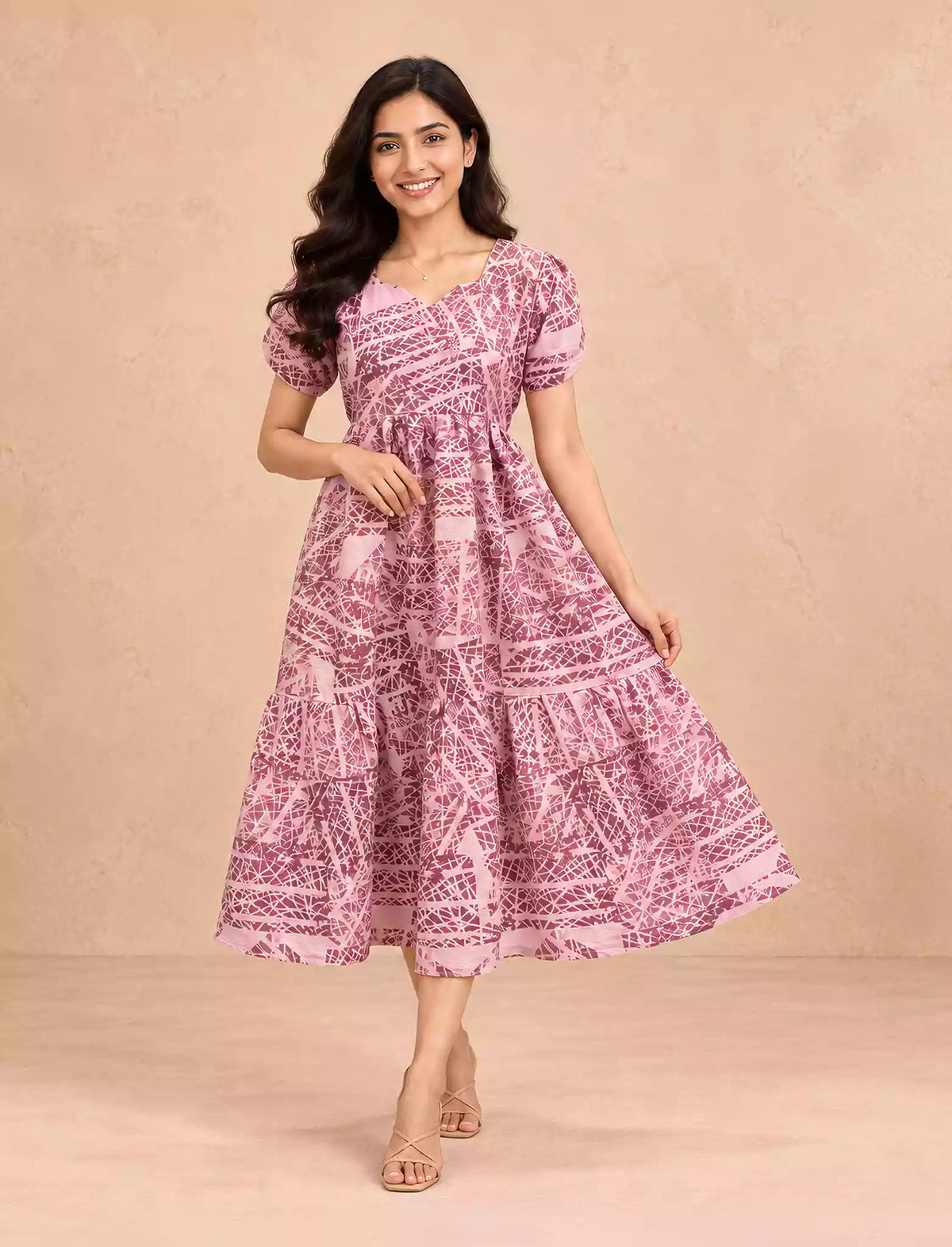 Geometric Print Rayon Berlin Maxi Frock with Back Tie Rope - Mangai Nighties